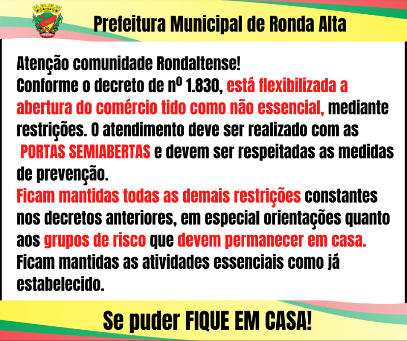 Decreto Municipal Flexibiliza abertura do comércio em Ronda Alta.